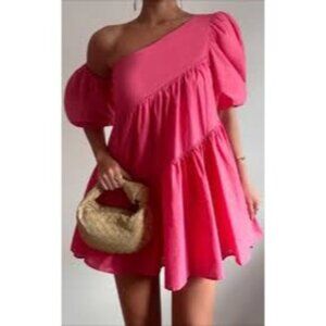 Showpo Women's Linen Dress Size 8 Pink Bubble Sleeve Asymmetrical Neck Tropical